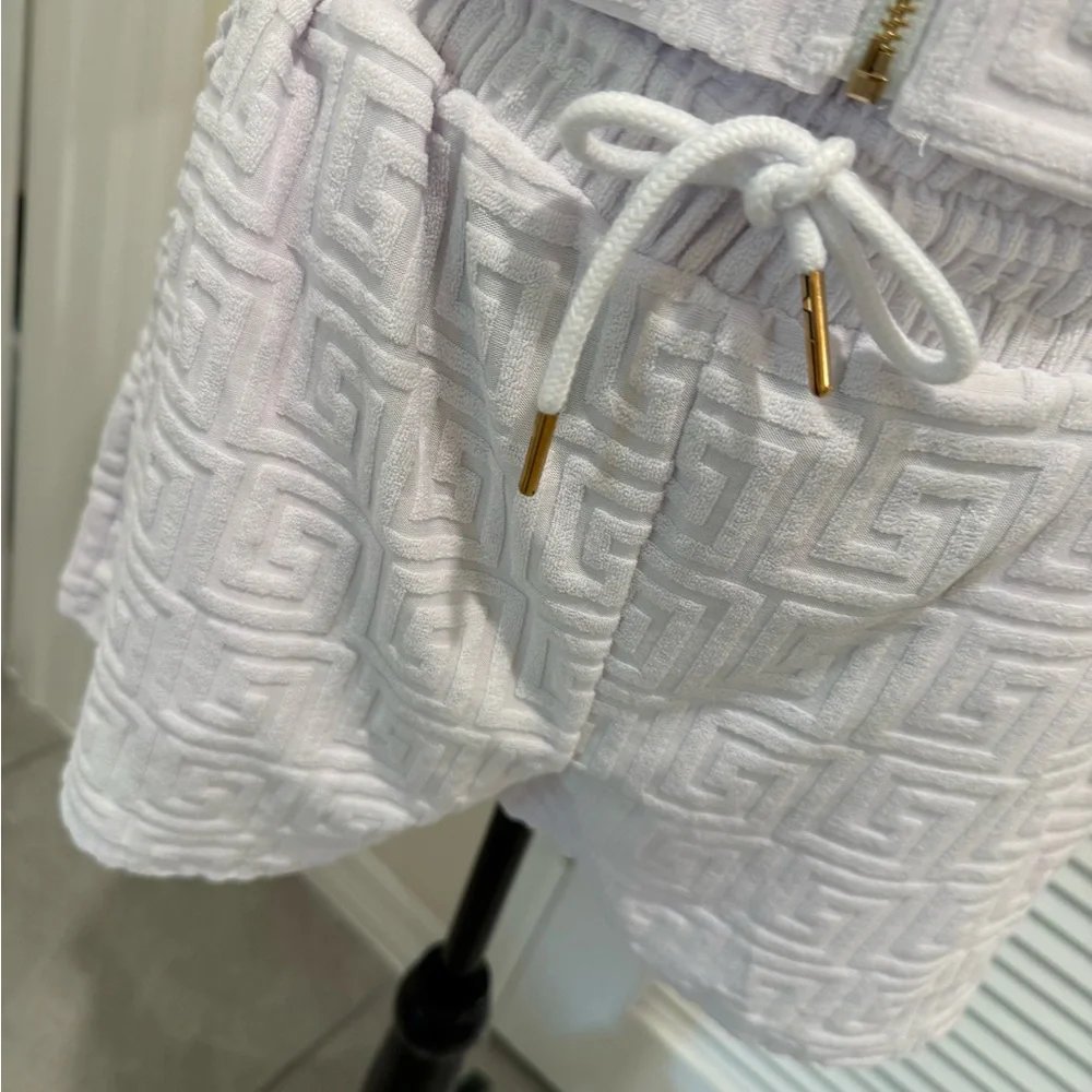 2 piece White Hooded short set with Gold Accents - Picture 3 of 11